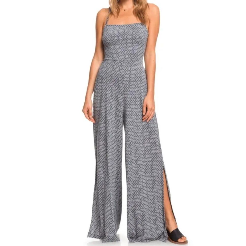Roxy Bolo Surf Blue Geo Mosaic Jumpsuit Wide Leg Backless Spaghetti Strap M